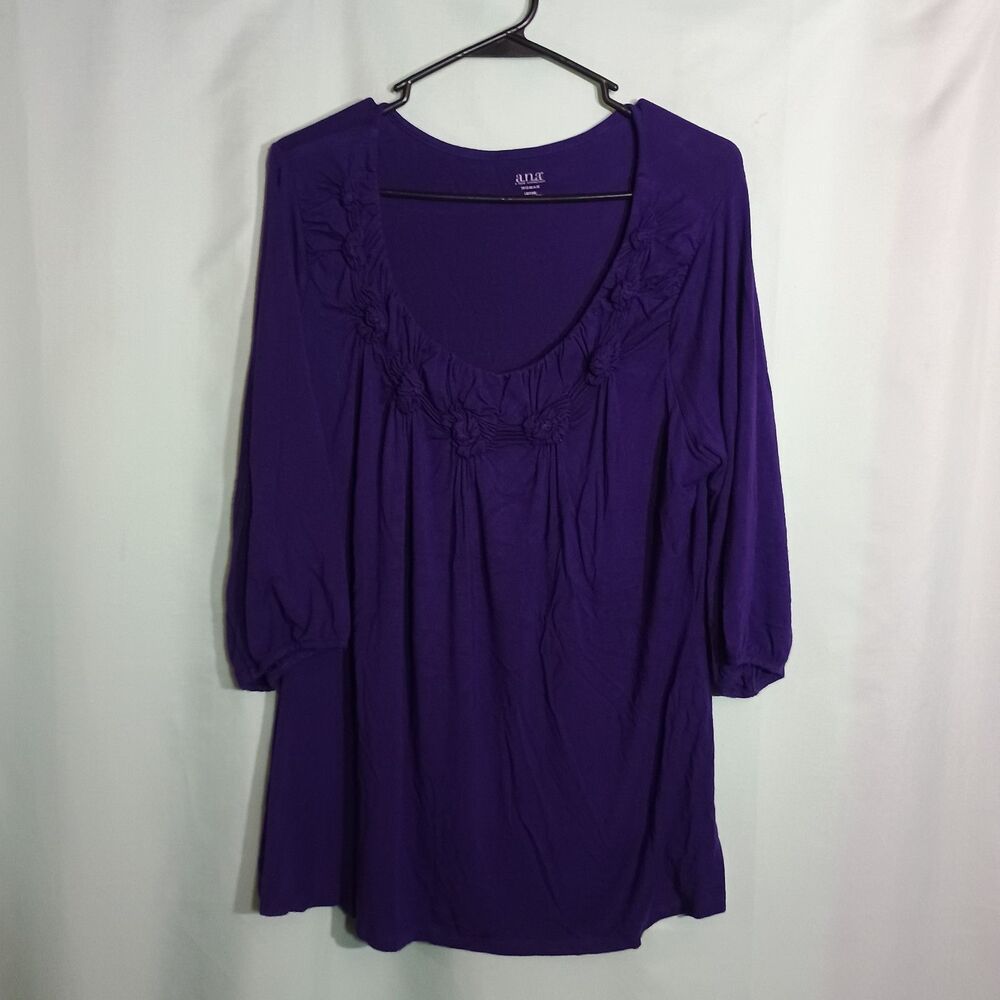 A.N.A Purple Ruffle Neck Blouse 3/4 Sleeve Flowy Boho Tunic Top
